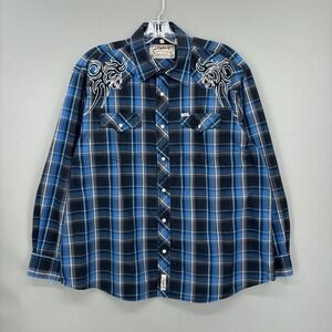 Rafter C Shirt‎ Mens 2XL Blue Plaid Western Snap Cross Embroidered Long Sleeve